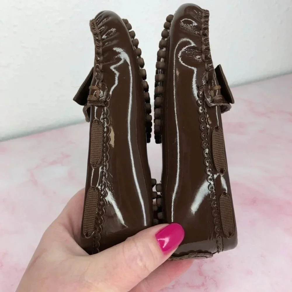 Janie and Jack shoes bow moccasins brown patent leather size 8 toddler‎